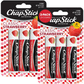 ChapStick Classic Strawberry lip balm packaging shows portable six-pack for on-the-go moisture