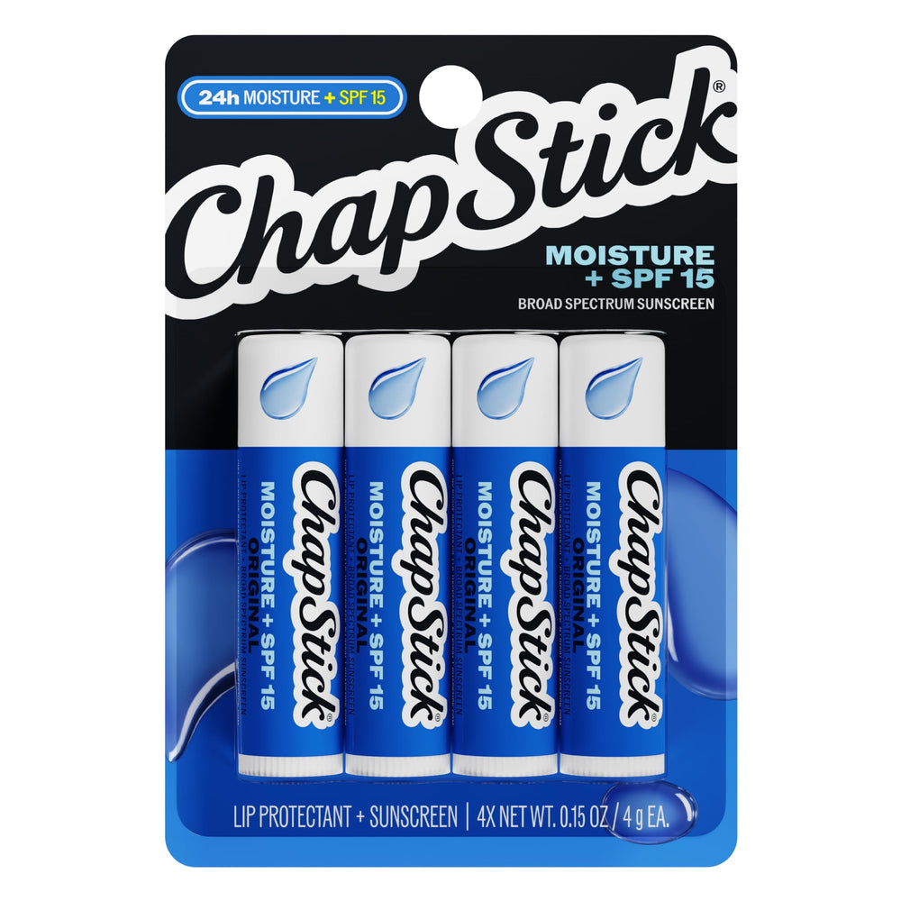 ChapStick front packaging showing SPF 15 and 4-pack for daily protection