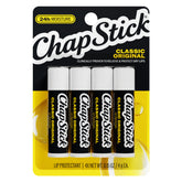 ChapStick Original front packaging showing four sticks and portability benefit