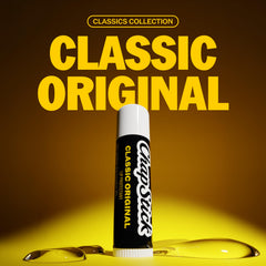 Close-up of one ChapStick Original stick twisted up for easy application