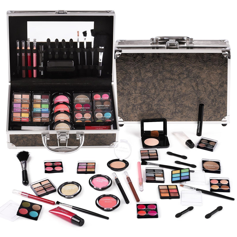 CHARMCODE makeup kit train case closed showcases portable travel storage and organized beauty essentials.