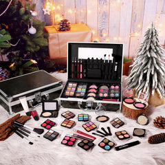 CHARMCODE makeup kit train case open layout highlights easy access to brushes and palettes on the go.