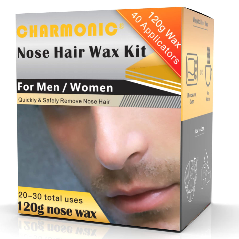 Charmonic nose wax kit packaging highlights 120g wax and 20 uses for longevity.