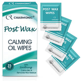 Charmonic post-wax wipes packaging shows a 25-piece kit for home or travel