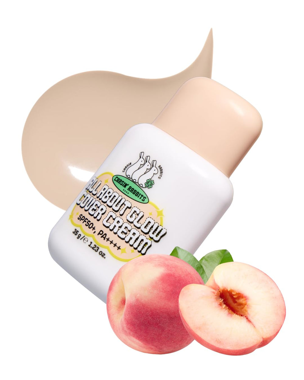 CHASIN' RABBITS All About Glow Cover Cream tube swatch showing radiant, even-toned glow.