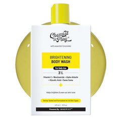 Chemist at Play Brightening Body Wash bottle display for radiant skin improvement.