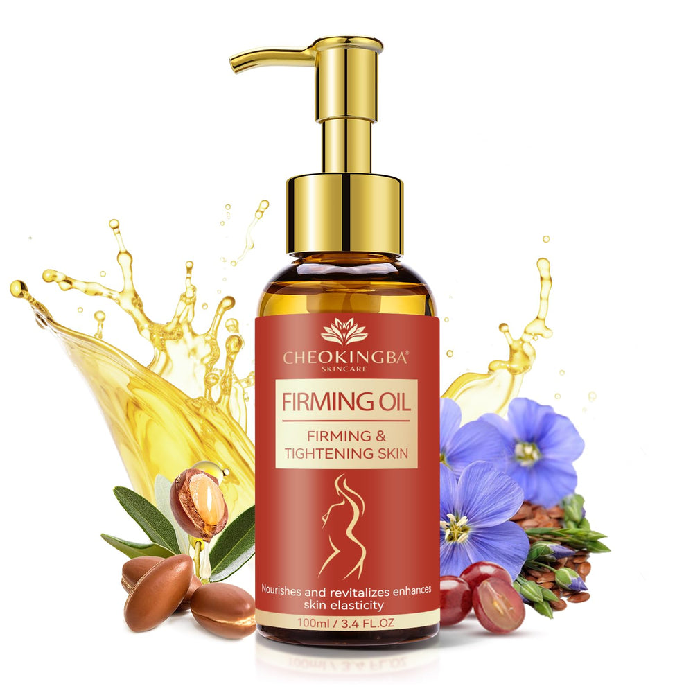 CHEOKINGBA Body Firming Oil bottle highlights premium hydration with jojoba and grapeseed oils.