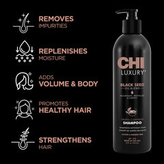 CHI Luxury Black Seed Oil Shampoo bottle side view showcasing premium packaging.