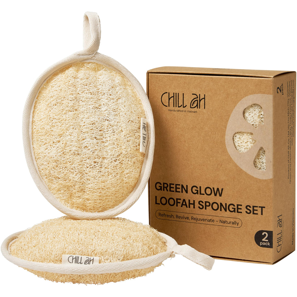 Chill Ah Green Glow dual-sided loofah bath sponge pack showing two textures for exfoliation