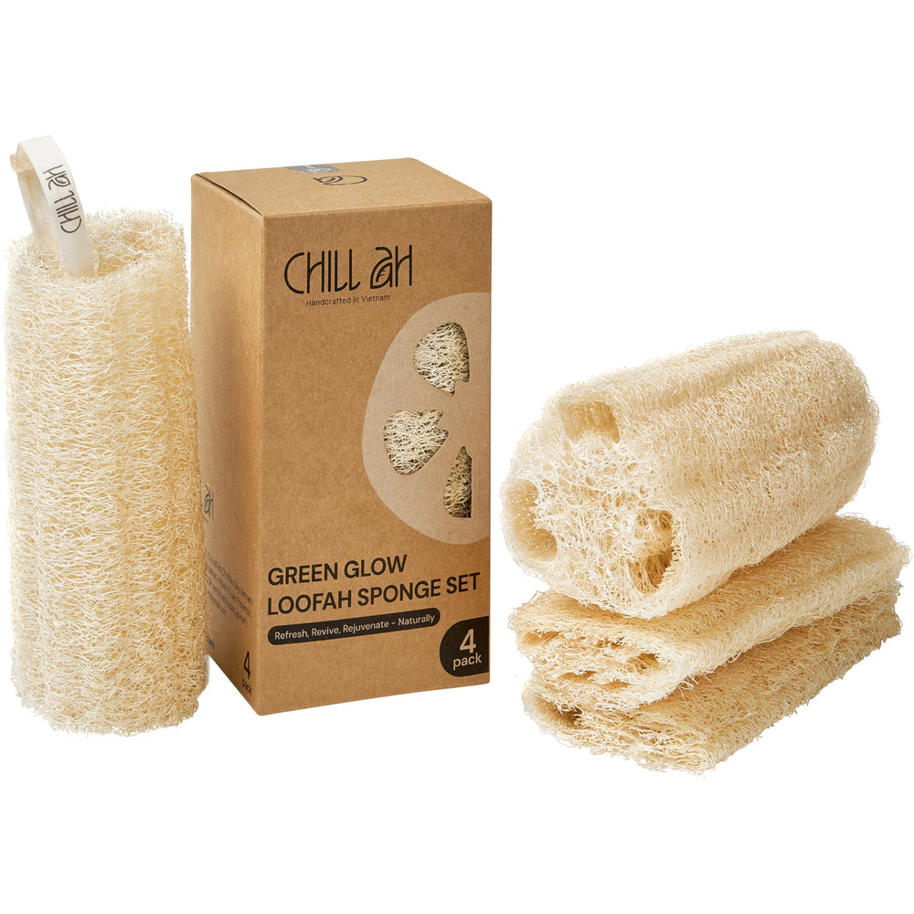 Chill Ah natural loofah sponge set packaging showcases eco-friendly design and gifting potential.