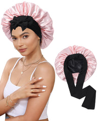 CHLINS satin bonnet on model demonstrates overnight hair protection.
