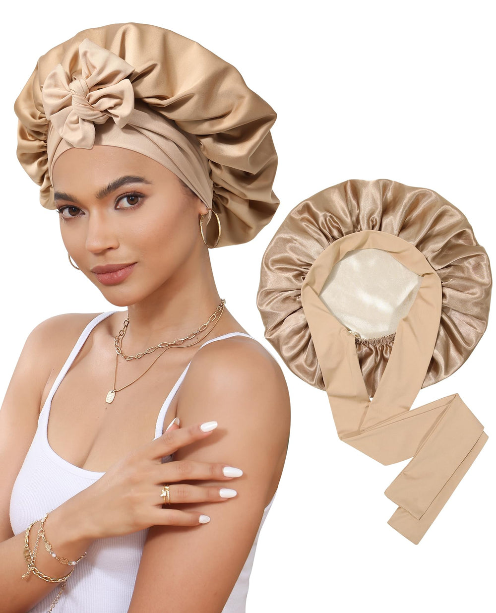 CHLINS satin bonnet closeup shows wide elastic band for secure overnight fit.