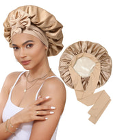 CHLINS satin bonnet closeup shows wide elastic band for secure overnight fit.