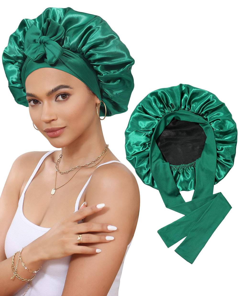 CHLINS satin bonnet dark green back view shows secure night hair protection.