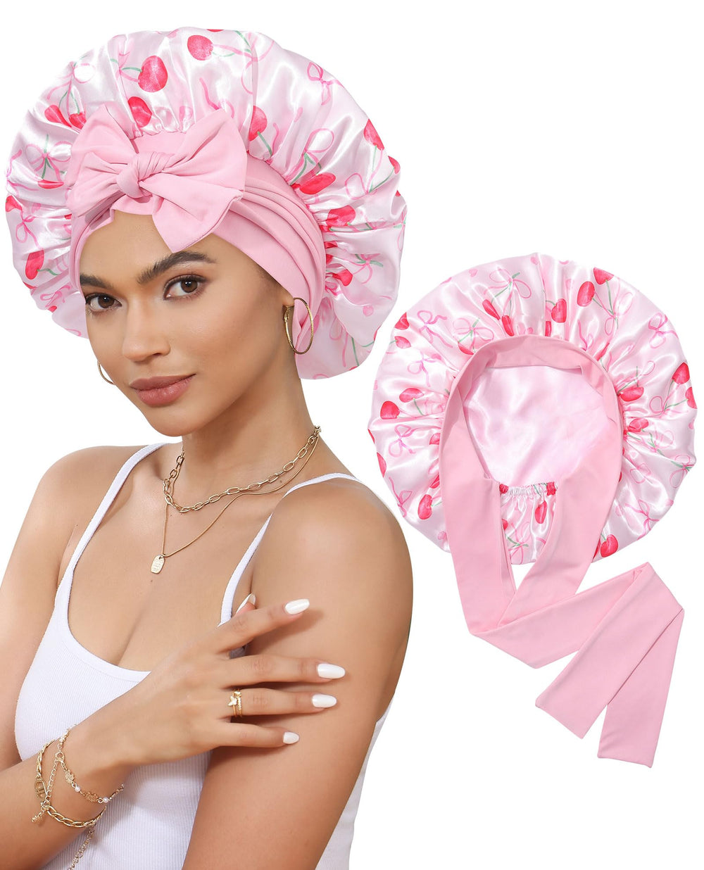 CHLINS satin bonnet elastic band closeup showing secure fit for all head sizes