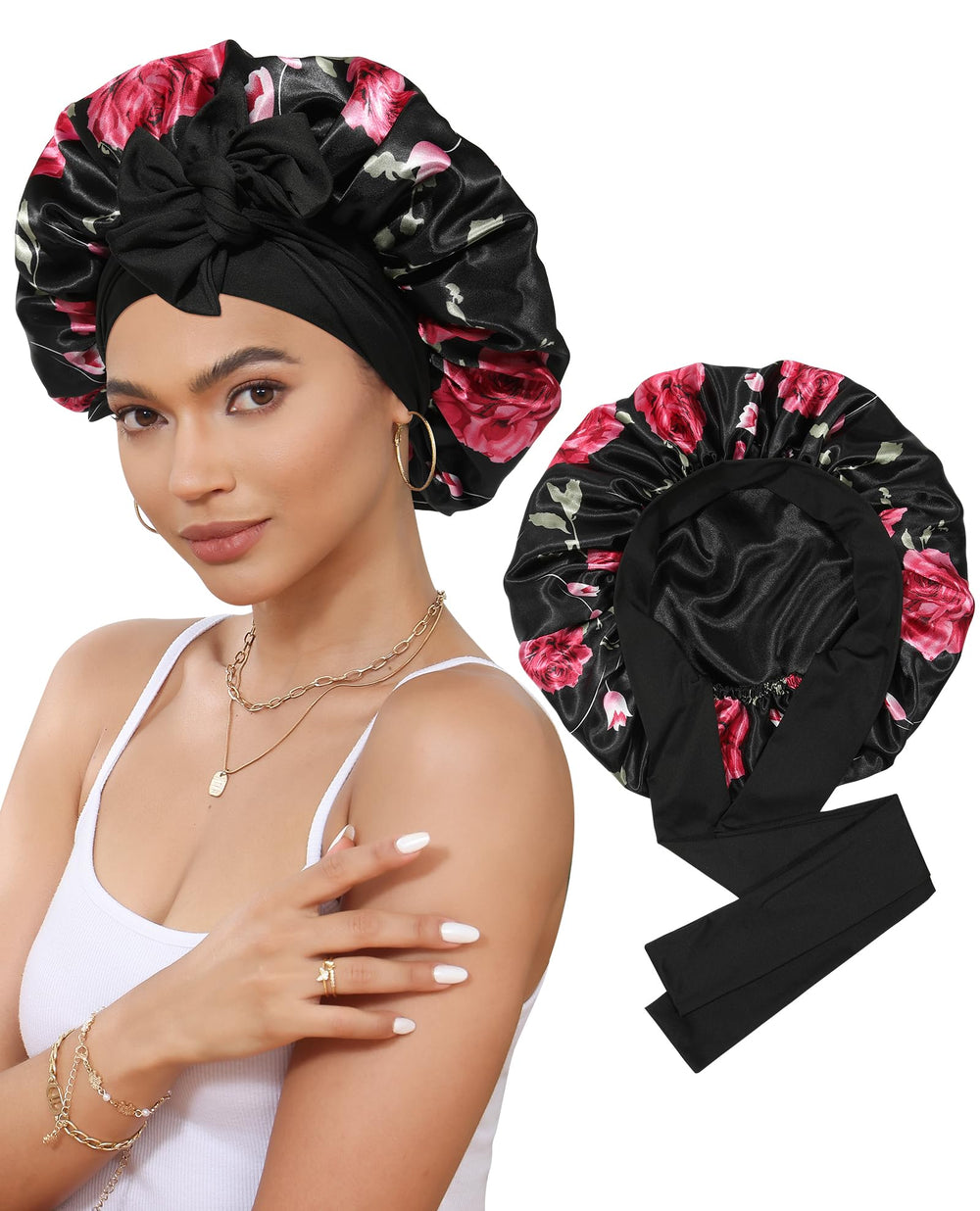 CHLINS satin bonnet with elastic-band for secure overnight fit