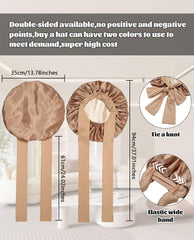 CHLINS satin bonnet on head at night demonstrates stay-on design for hair protection.