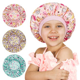 Choshion 3-pcs kids satin bonnet pack features vibrant patterns for smooth curls overnight.