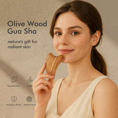 CHOSIN olive wood gua sha face tool used on cheek for gentle contour massage and glow
