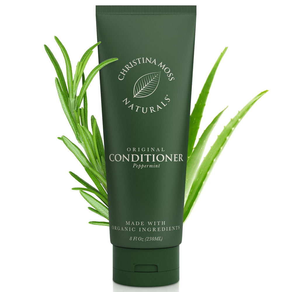 Christina Moss Naturals conditioner bottle on shelf for silicone-free care