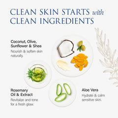 Christina Moss Naturals ingredients aloe rosemary—soothing botanicals for balanced skin.
