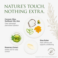 Christina Moss Naturals Shampoo organic-ingredients close-up featuring coconut oil and aloe for hydration.