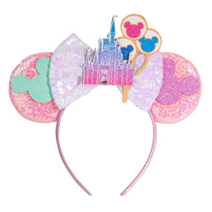 CHuangQi mouse ears headband with bow front view showcases double-sided sequins for party flair.
