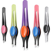 Chumia 5-piece tweezers set with color-coded grips for versatile grooming routines.