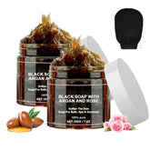 Cijikos Morocco Black Soap argan-rose bar highlights hydrating and rejuvenating skin care.