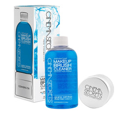 Cinema Secrets Original Blue Vanilla bottle pouring quick-dry brush cleaner for on-the-go use