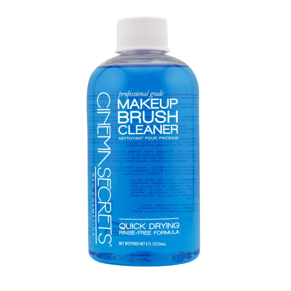 Cinema Secrets Original Blue Vanilla bottle demonstrates quick, water-free cleaning for brushes, keeping them ready for use