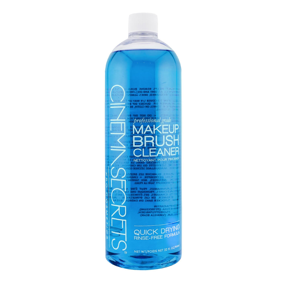 Cinema Secrets Original Blue Vanilla brush cleaner bottle being poured for quick cleaning.