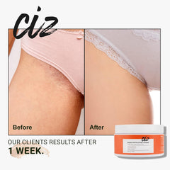 CIZ Bikini Exfoliator scrub-application shows gentle grains for effective exfoliation.