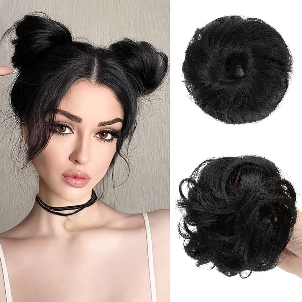 CJL HAIR small cute messy bun black front view adds lightweight volume.