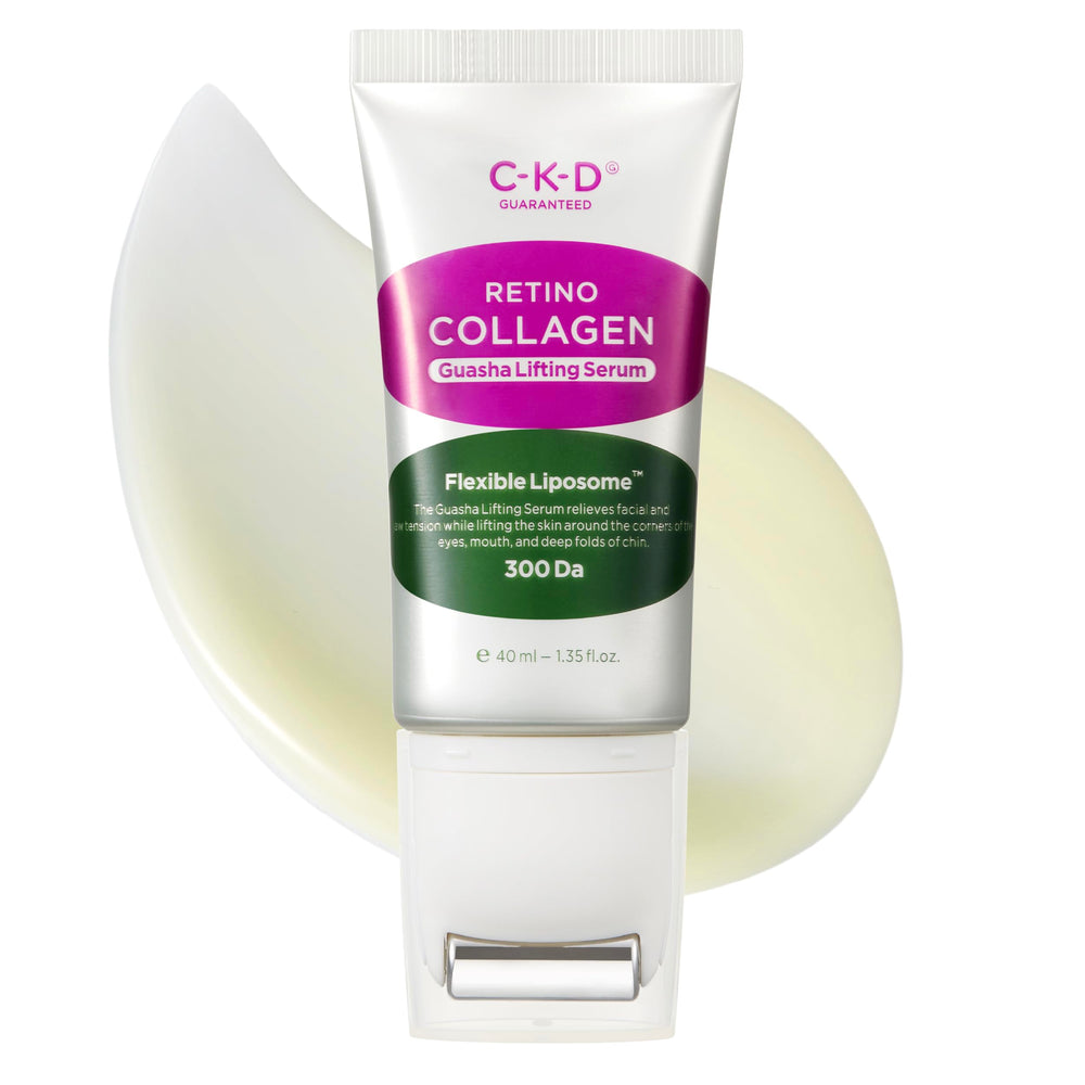CKD Guaranteed Gua Sha Serum bottle close-up highlighting collagen and retinol benefits.