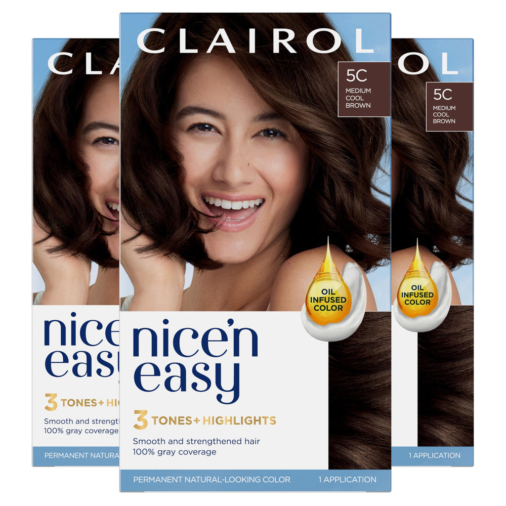 Clairol Nice'n Easy 5C color bottle for uniform shade application.