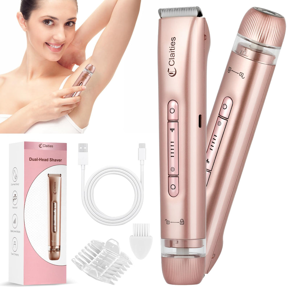 Claities 2-in-1 shaver close-up shows dual head for versatile grooming.
