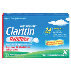 Claritin RediTabs bottle 30-count shown for easy, non-drowsy allergy relief.