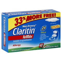 Claritin RediTabs dissolving tablet in mouth for fast, water-free dosing.