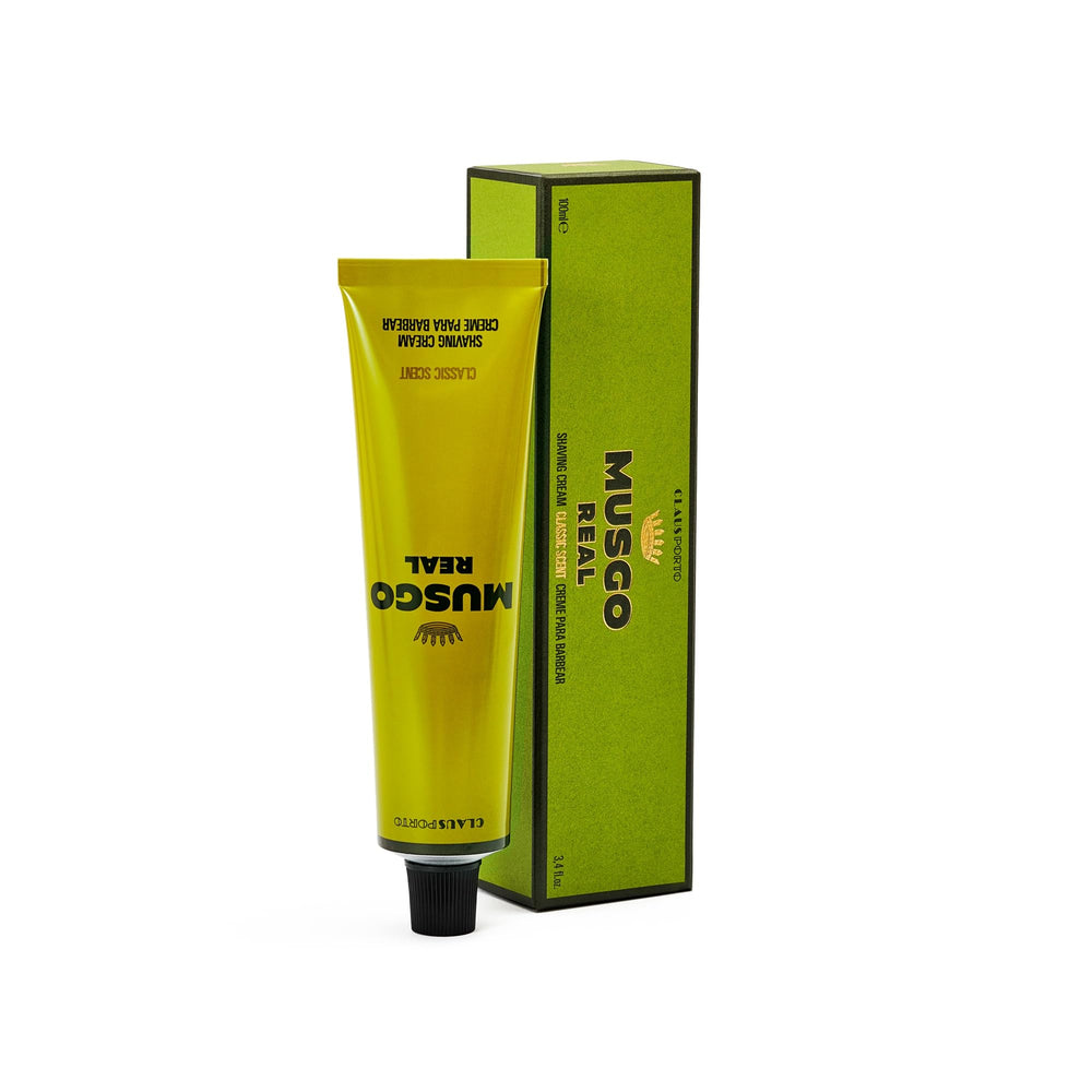Claus Porto Musgo Real shaving cream classic-scent packaging highlights premium grooming prep.