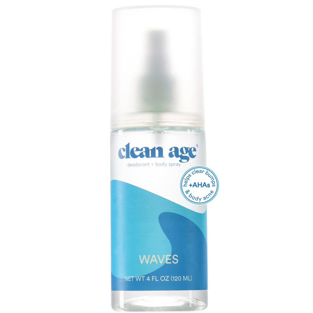 Clean Age Waves bottle front view reveals ocean breeze teen scent for refreshment.