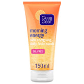 Clean & Clear Morning Energy scrub bottle closeup highlights an energizing daily ritual.