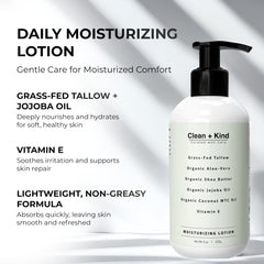 Clean + Kind lotion being rubbed onto hands for quick hydration.