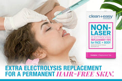 Clean + Easy tip closeup highlights precision needles designed for gentle hair removal.