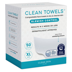 Clean Skin Club Blemish Control Clean Towels XL packaging showcases compostable, convenient disposable towels for daily oil control.