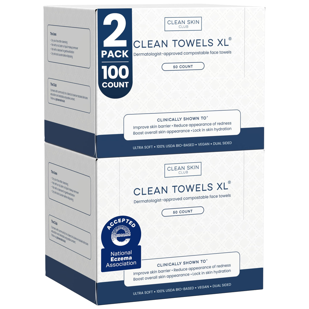 Clean Skin Club Clean Towels XL pack front shows two 50-count boxes for on-the-go use