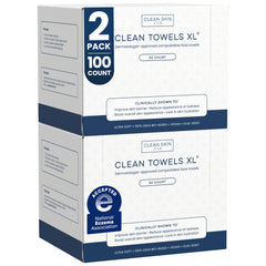 Clean Skin Club Clean Towels XL pack front shows two 50-count boxes for on-the-go use