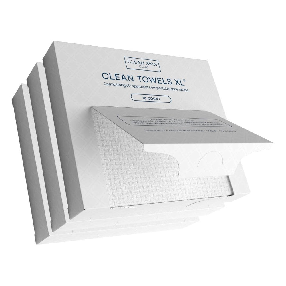 Clean Skin Club Clean Towels XL pack overview for travel-ready skincare