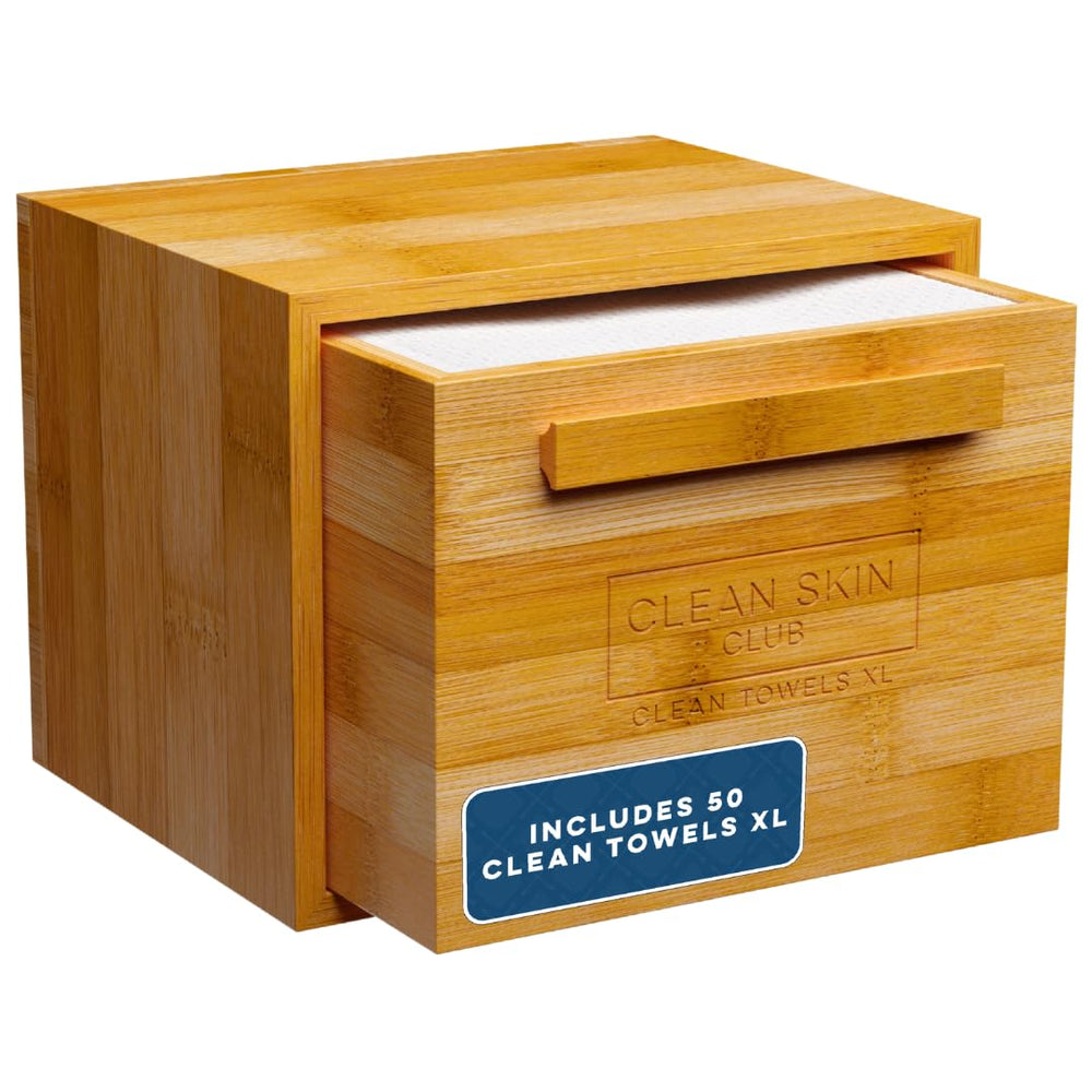 Clean Skin Club Luxe Bamboo Container overview with Clean Towels® inside.
