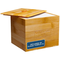 Clean Skin Club luxe-bamboo-container on counter provides stylish towel storage
